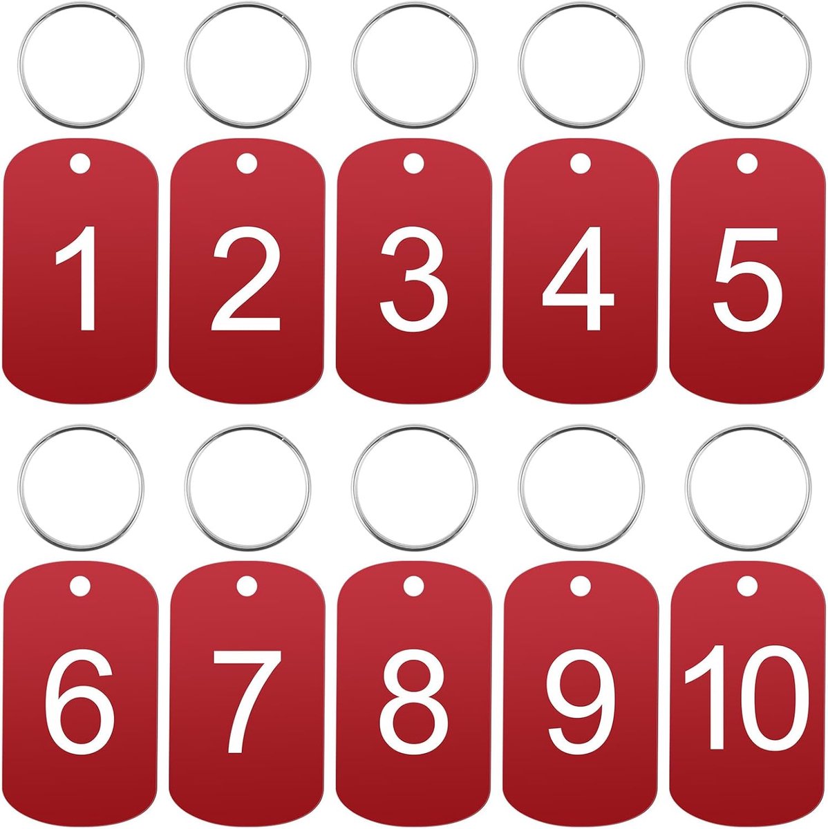 SnelShoppen - 10 Stuks Nummerplaten 1 tot 10 Aluminium ID Tags met Gaten, Gegraveerde Sleutelhangers, Nummer Tags, Sleutelhangers, Rood voor Organisat