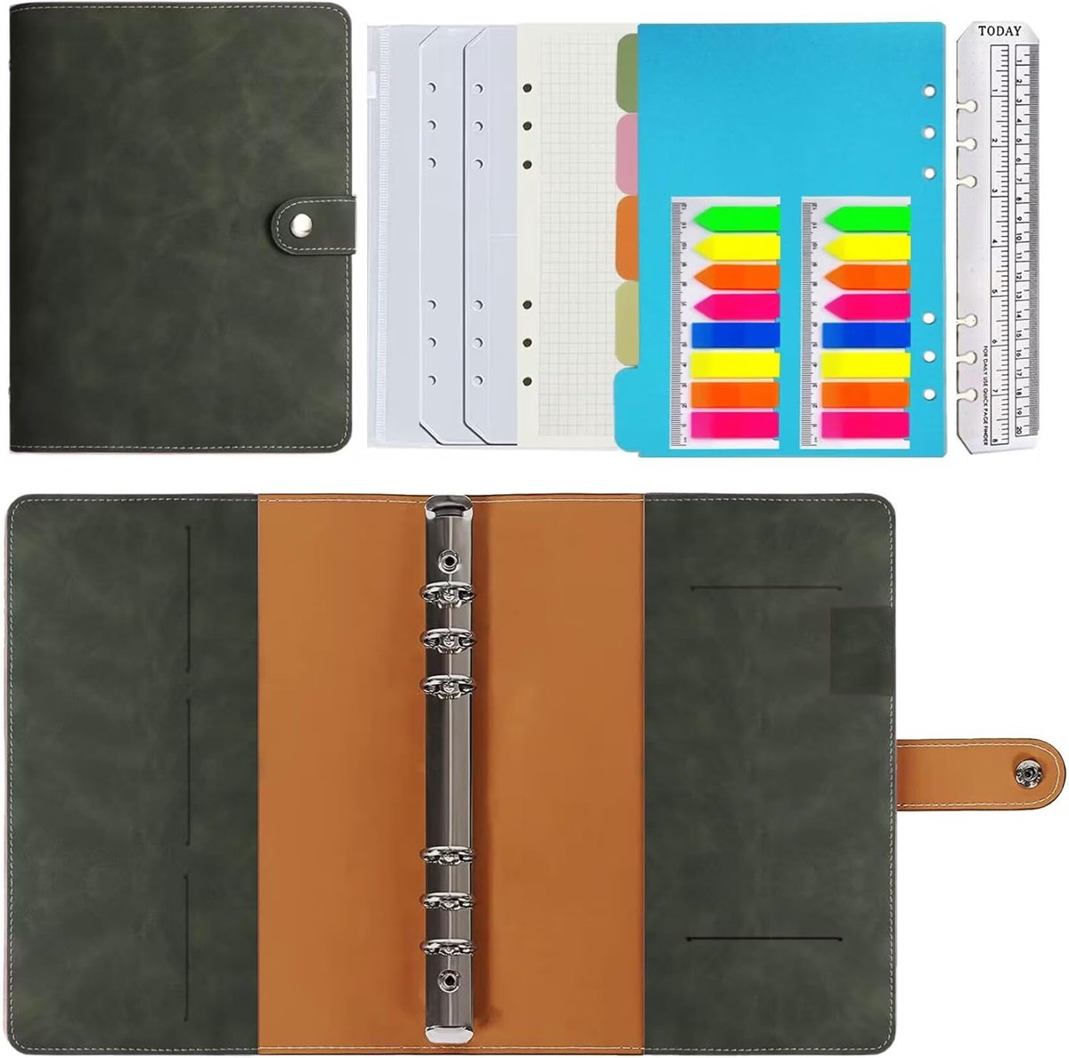 SnelShoppen - A5 Ringband Notitieboek PU Leer Herbruikbaar Journal met Geruit Papier, Interne Zakjes, Olijf Groen voor Reizen, Werk en Organisatie