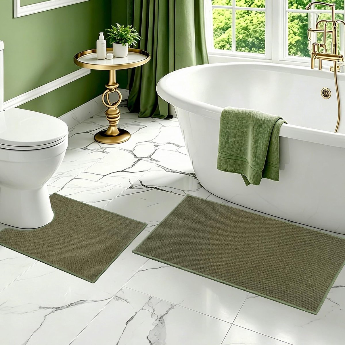 SnelShoppen - Badkamermatset 2-delig - Dun, Absorberend, Antislip - Wasbaar Badmat & U-vorm WC-mat met Rubber - Groen voor Badkamer, Toilet, Badkuip