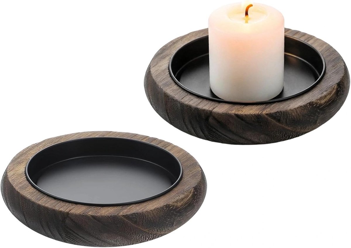 SnelShoppen - 2 stuks Vintage Kandelaars van Massief Hout, Ronde Onderzetters voor Stompkaarsen, Wasafstotende Kaarsenborden, Multifunctioneel Kaarsen