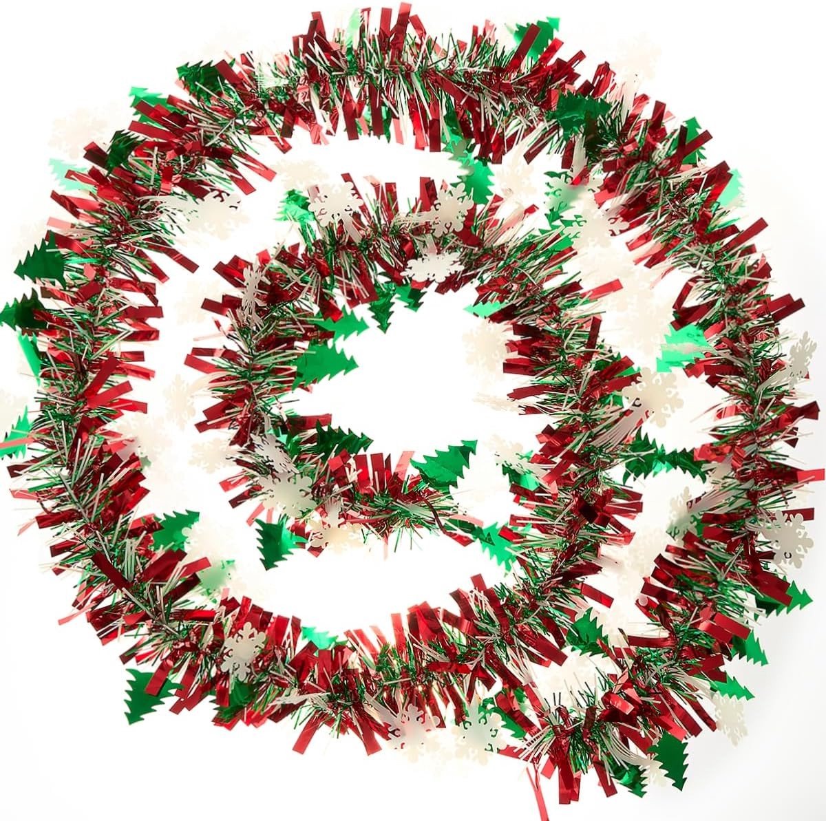 10 meter groene, rode en witte metallic lametta slinger voor kerstboom en kerstkrans versiering