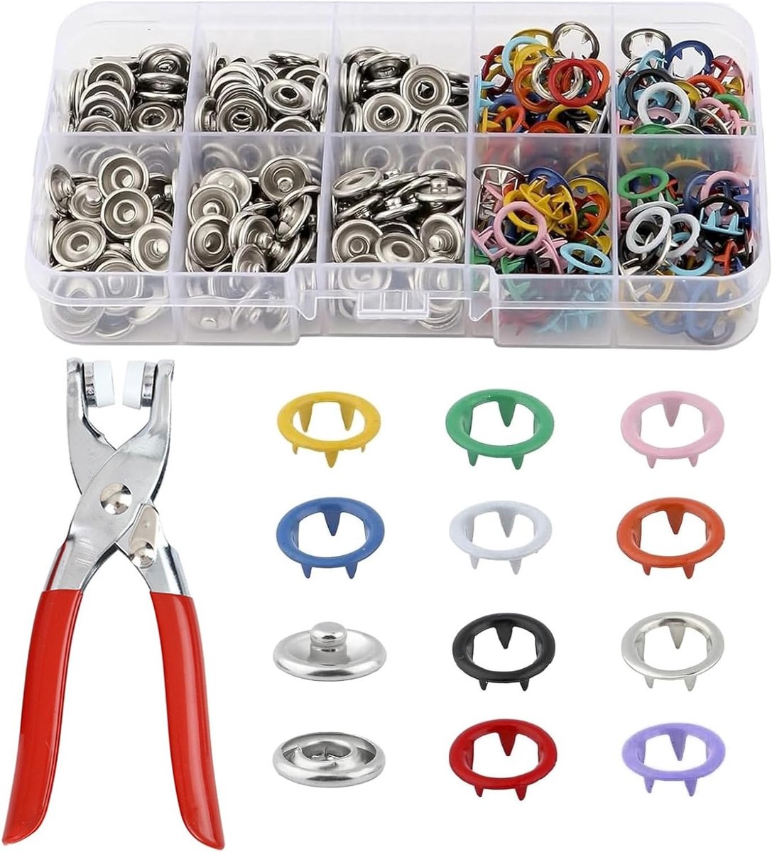 200 Stuks Drukknoppen Set met Tangen, 9.5mm Metaal Drukknoppen en Kleurige Snap Buttons voor DIY Creaties en Kleding