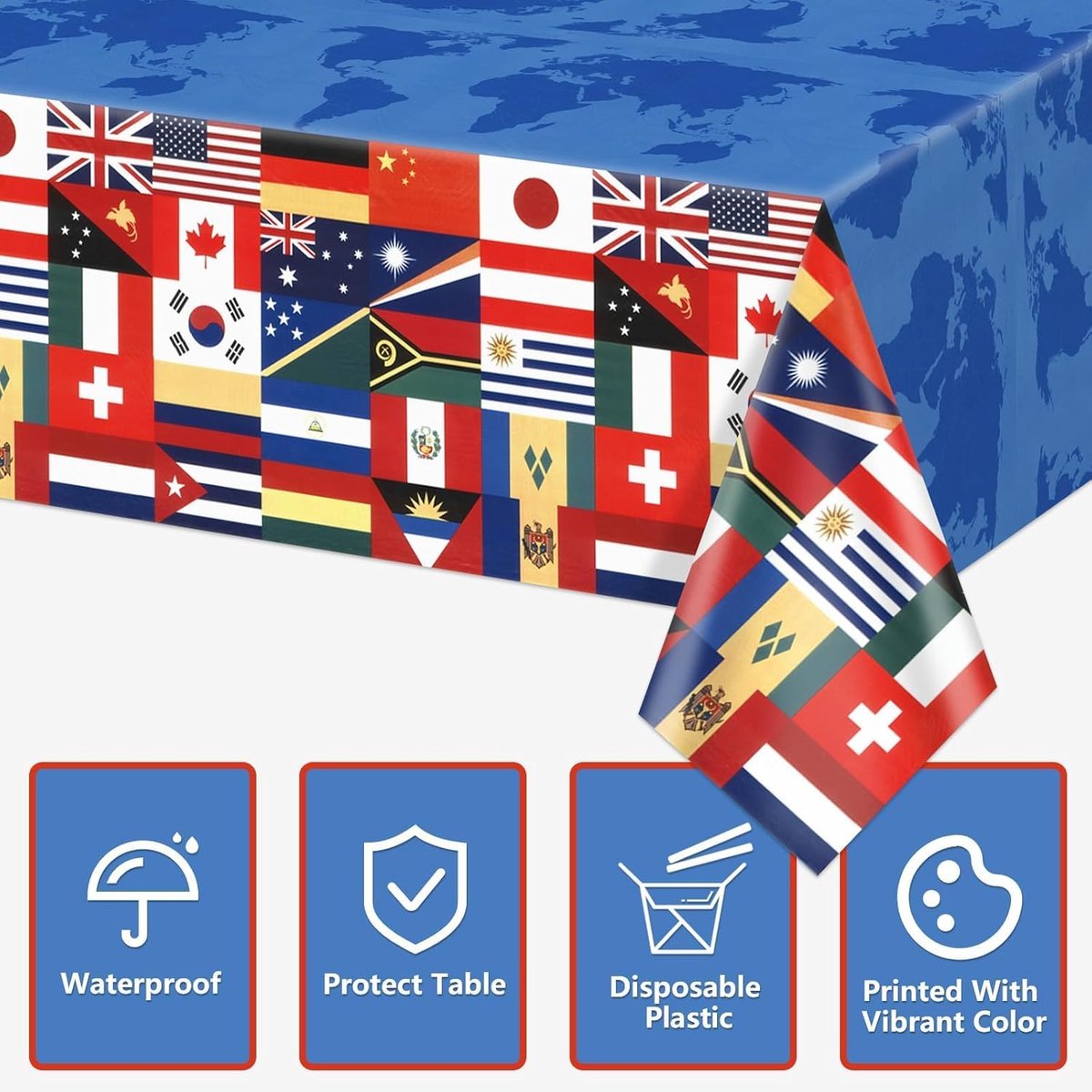 SnelShoppen - 4 PCS Internationale Vlag Tafelkleed Set, 130x220cm Wereld Land Vlag Tafelkleed voor Feest, Sportevenementen, Olympische Decoraties, Voe