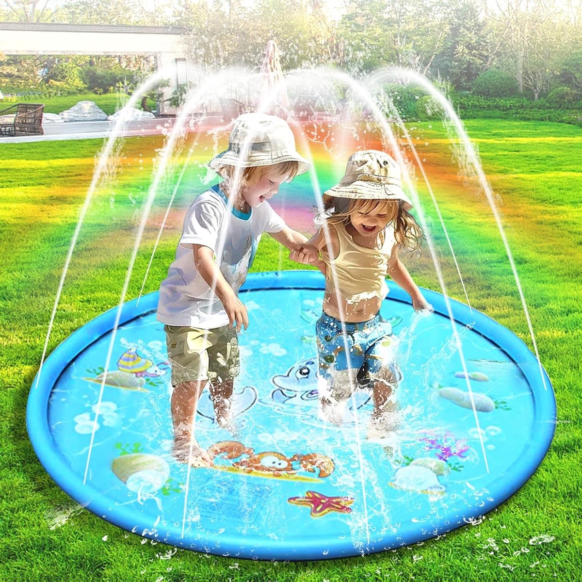 Water Jet Mat voor Kinderen 100 cm Antislip Spettermat voor Buiten Waterplezier en Spetteren in de Zomer Geschikt voor Kinderen van 3-12 Jaar