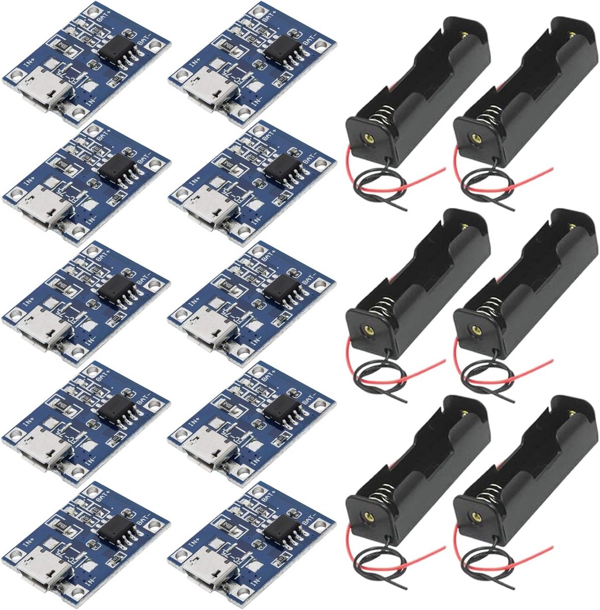 SnelShoppen - 10x 5V 1A USB Batterij Oplaadmodule Micro USB + 6x 3.7V 18650 Batterijhouder met Draad - Lithium Li-Ion Oplaadmodule voor Thuis, Camping