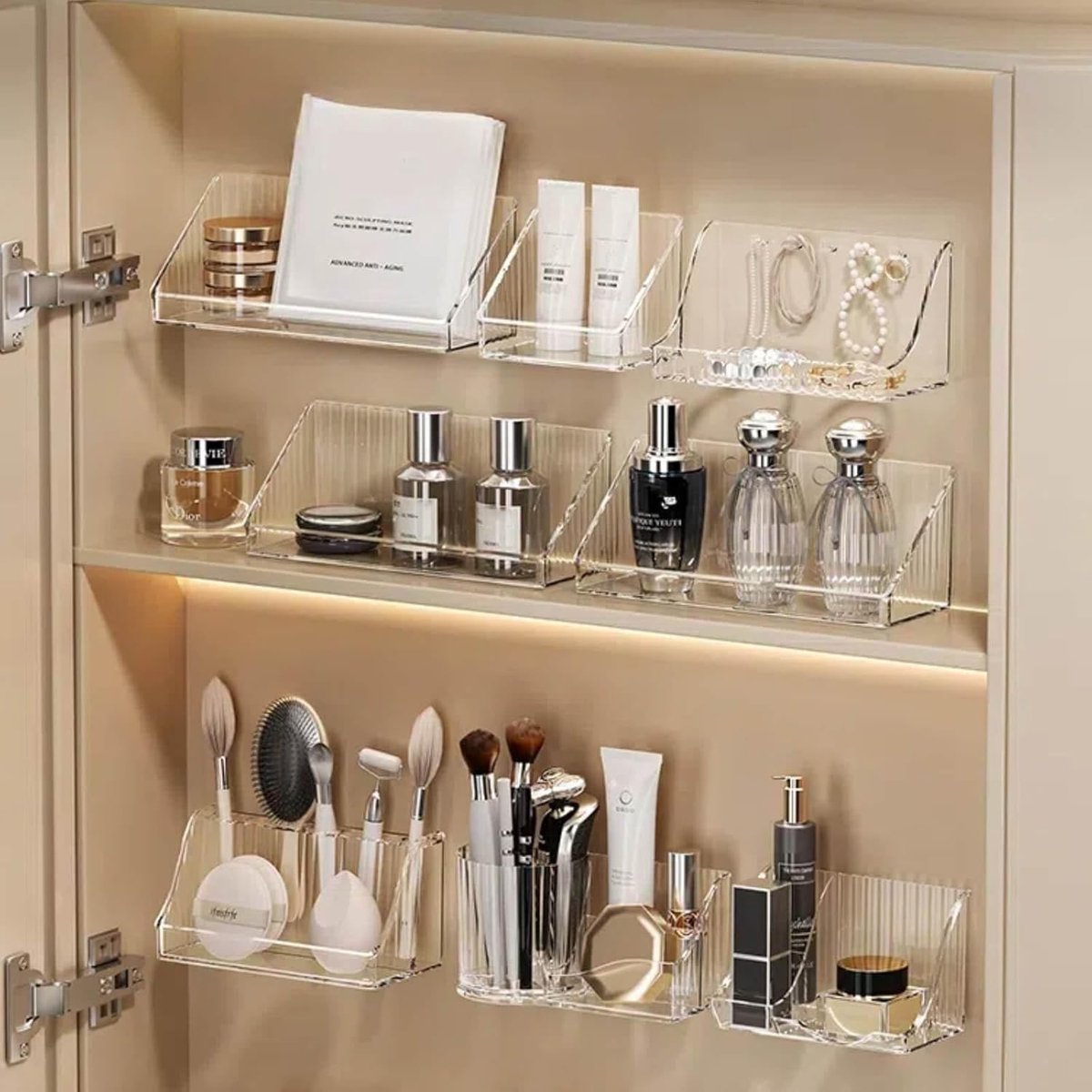 SnelShoppen - 6-delige Makeup Organizer Wandmontage zonder Boren | Badkamershelf, Spiegelkast, Cosmetica Opbergdoos, Plastic, Ruimtebesparend, Ideaal