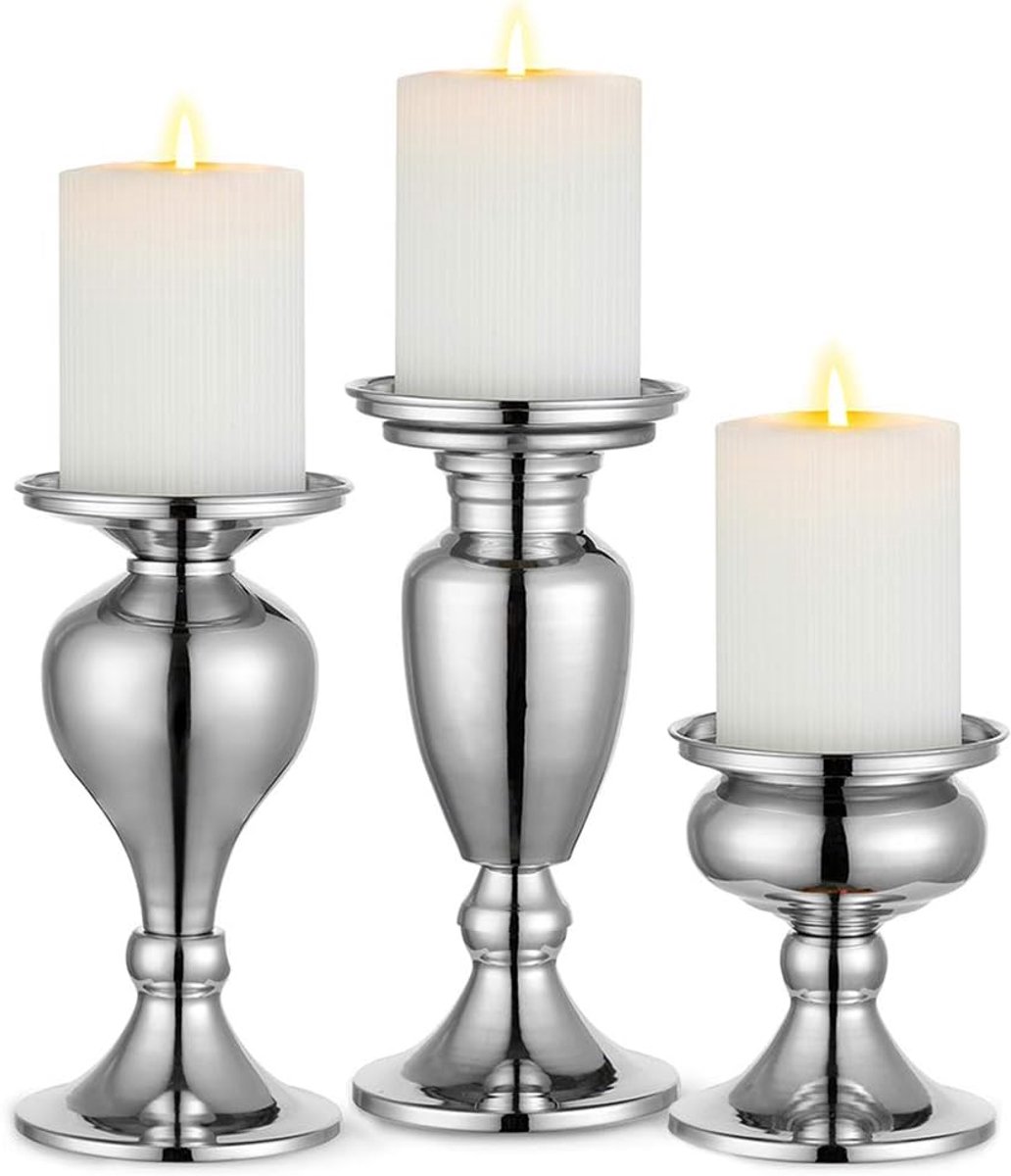 SnelShoppen - Set van 3 Zwarte Metalen Kaarsenhouders voor Eettafel, Salontafel, Bruiloft, Decoratie, Kaarsenstandaard, 9,5 cm - 19,2 cm Hoog
