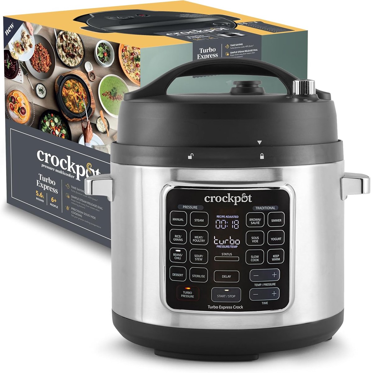 SnelShoppen - Crockpot Turbo Express Multicooker 5.6L met 14 kookopties, snelkoken, stomen, drukkoken, ideaal voor 6+ personen, keuken, feest, gezin