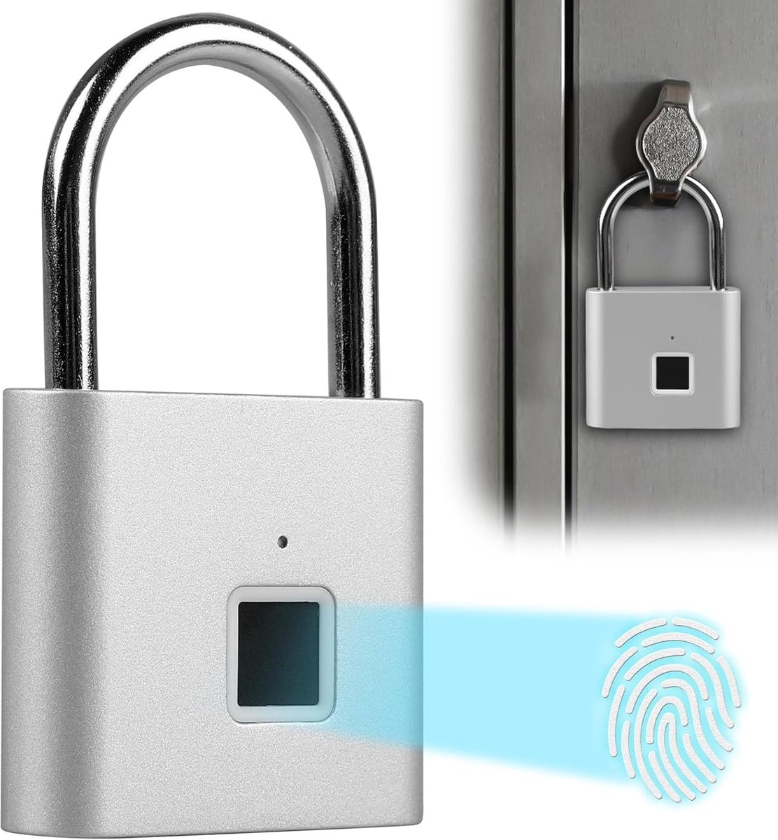 SnelShoppen - Hangslot met Vingerafdruk, Weerbestendig, USB-opladen, Duurzaam Vingerafdrukslot voor Sportschool, Bagage, Magazijnen, Kluis - Zilver