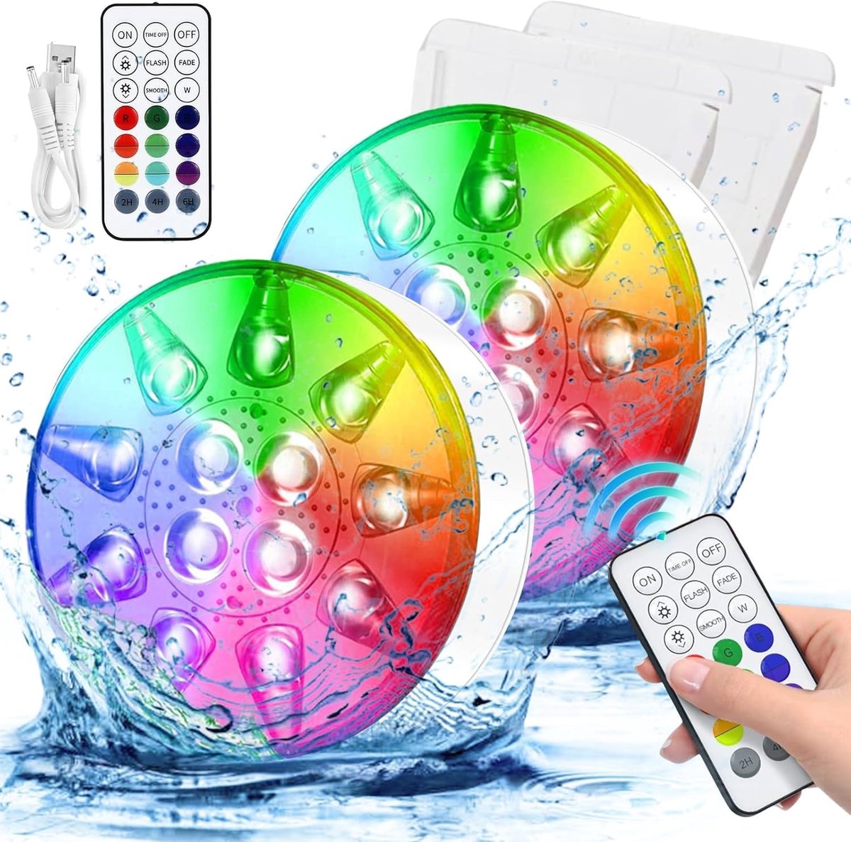 SnelShoppen - Submersible LED Lichten voor Zwembad, Oplaadbaar, IP68 Waterproof met Afstandsbediening, RGB 16 Kleuren, 13 LEDs, Voor Pool, Spa, Aquari