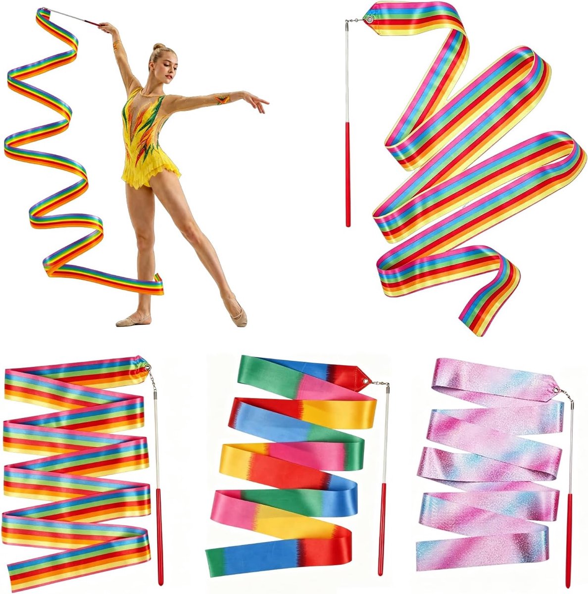 SnelShoppen - 3-delige Kinderritmische Gymnastiekband in Dromerige Kleuren, Dansband Gymnastiek met Stok, Ideaal voor Kunstzinnige Dans, Kinderdans, T