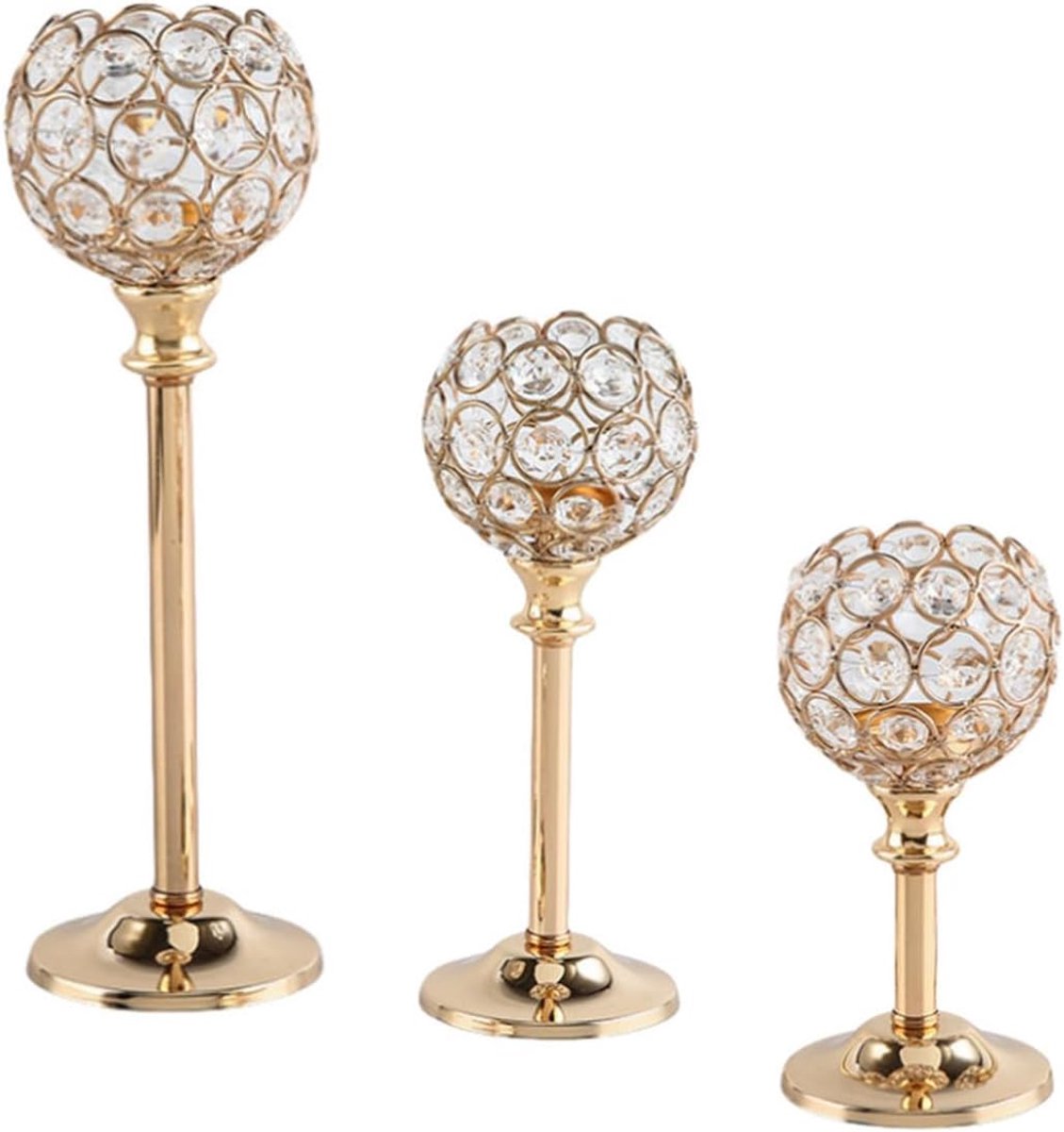 SnelShoppen - Set van 3 Gouden Kristallen Kandelaars, Theelichthouders voor Bruiloft, Tafelversiering, Diner en Kerstdecoratie, Staafkaarsenhouder 17/