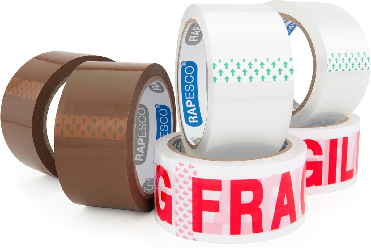 SnelShoppen - Verpakkingstape Set - 6 Rollen - 50mm Breed - 2x Bruin, 2x Transparant, 2x 'FRAGILE' - Stevige Plakband voor Verhuizen, Verzenden en Ops