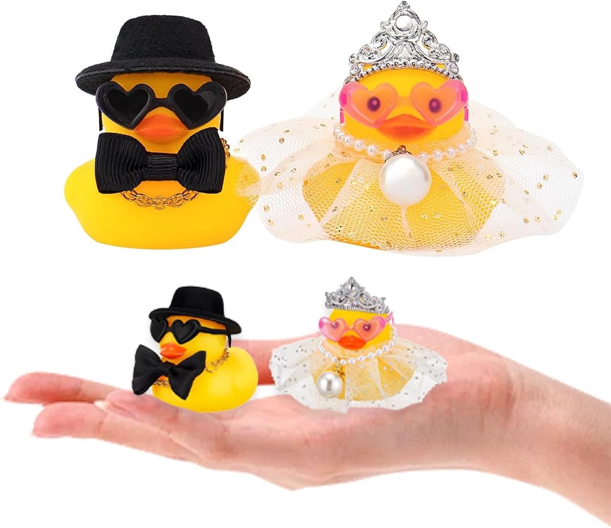SnelShoppen - 2 Stuks Huwelijks Eendjes - Mini Rubber Ducks met Accessoires - Decoratie voor Bruid en Bruidegom - Auto Versiering - Souvenir voor Trou