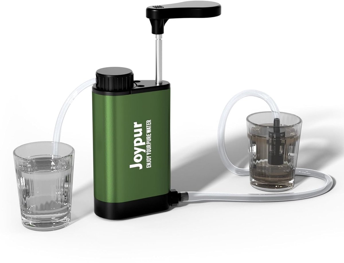 SnelShoppen - Waterfilter voor buiten, legergroen | Draagbare waterpomp met 3-laagse filtratie (0,01 µm), metalen behuizing, 6.000 l capaciteit, 1.200