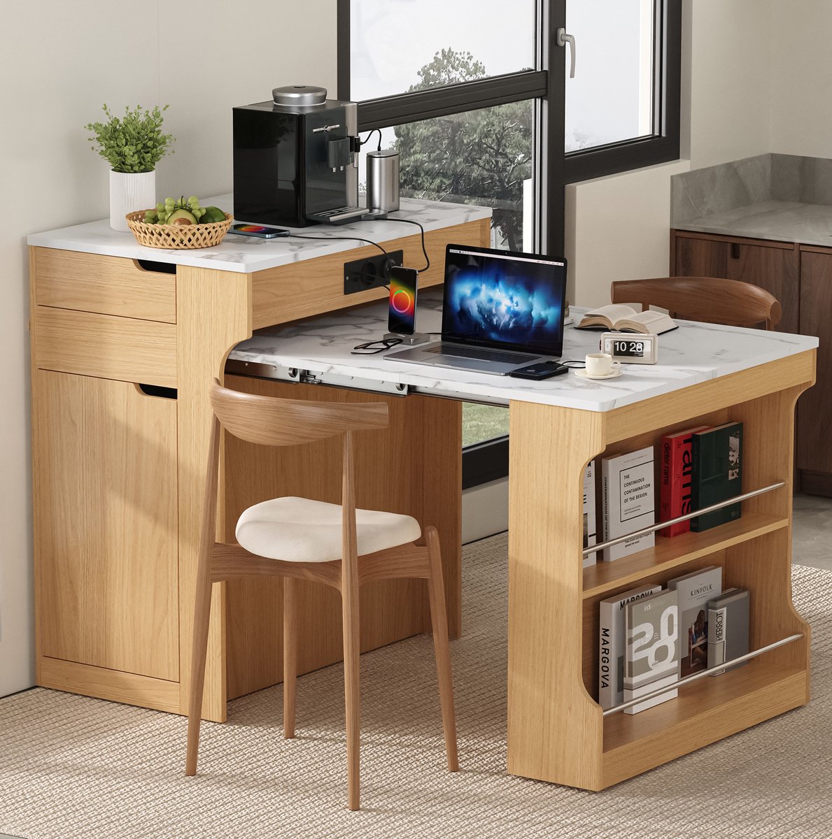 HAUSS SPOLE Eettafel - Uitschuifbaar Keukeneiland Met Stopcontacten En 2 Lades - Voor Keuken En Eetkamer - Naturel - 153x80x93 Cm