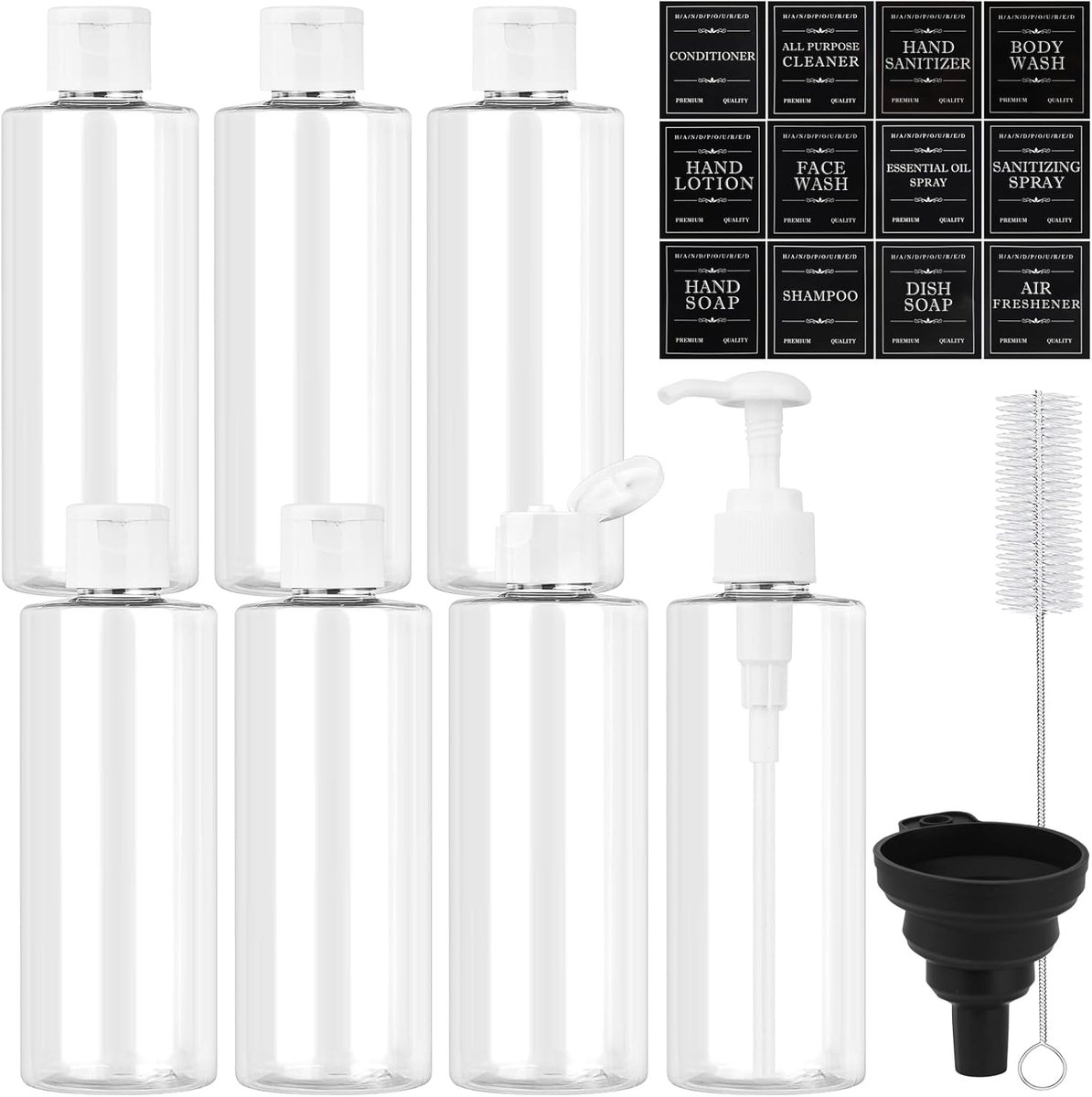 SnelShoppen - 7Pcs Lege Reisbottles 250ml met Flip Cap, Push Pump, Funnel, Transparant, Herbruikbare Flessen voor Shampoo, Lotion, Cosmetica, Ideaal v