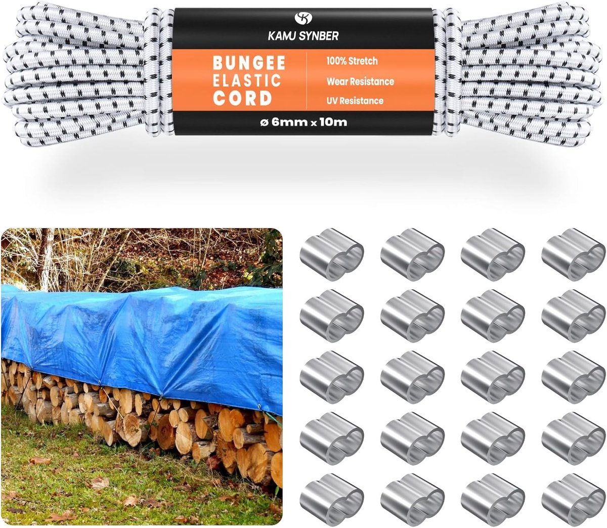 SnelShoppen - Rubber Rope 6mm x 10m - Elastische Koord met 20 Clips - Voor Camping, Zeilen, Kledinglijnen, Trailers - Zwart/Wit - Sterk en Duurzaam