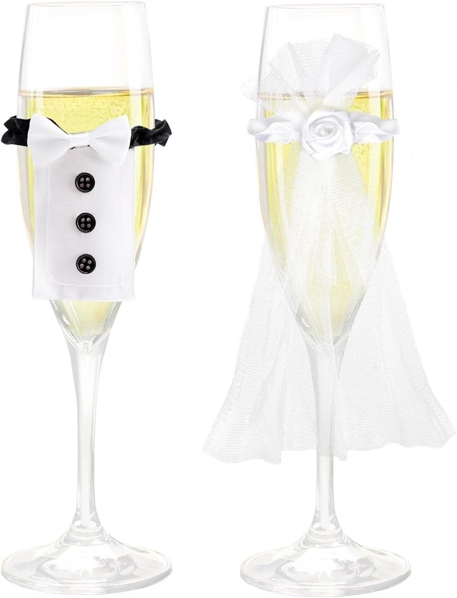 SnelShoppen - Handgemaakte champagneglazen bruid en groom, unieke decoratie voor bruiloften, Mr & Mrs champagneglas decoratie, perfecte trouwcadeaus,