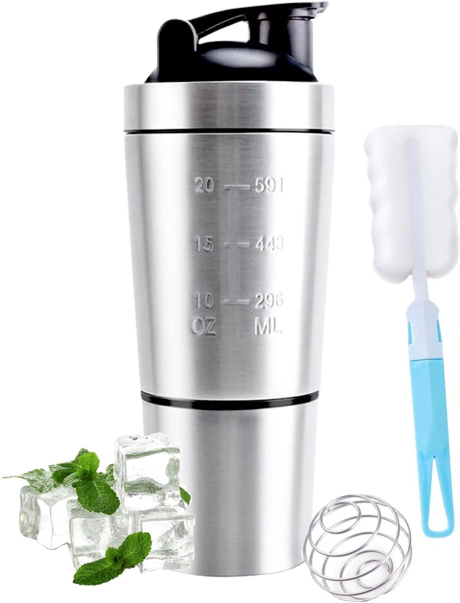 SnelShoppen - Stainless Steel Protein Shaker 700 ml - BPA-vrij, Lekvrij, Inclusief Roestvrij Stalen Bal - Ideaal voor Sport, Fitness, Dieet en Eiwitsh