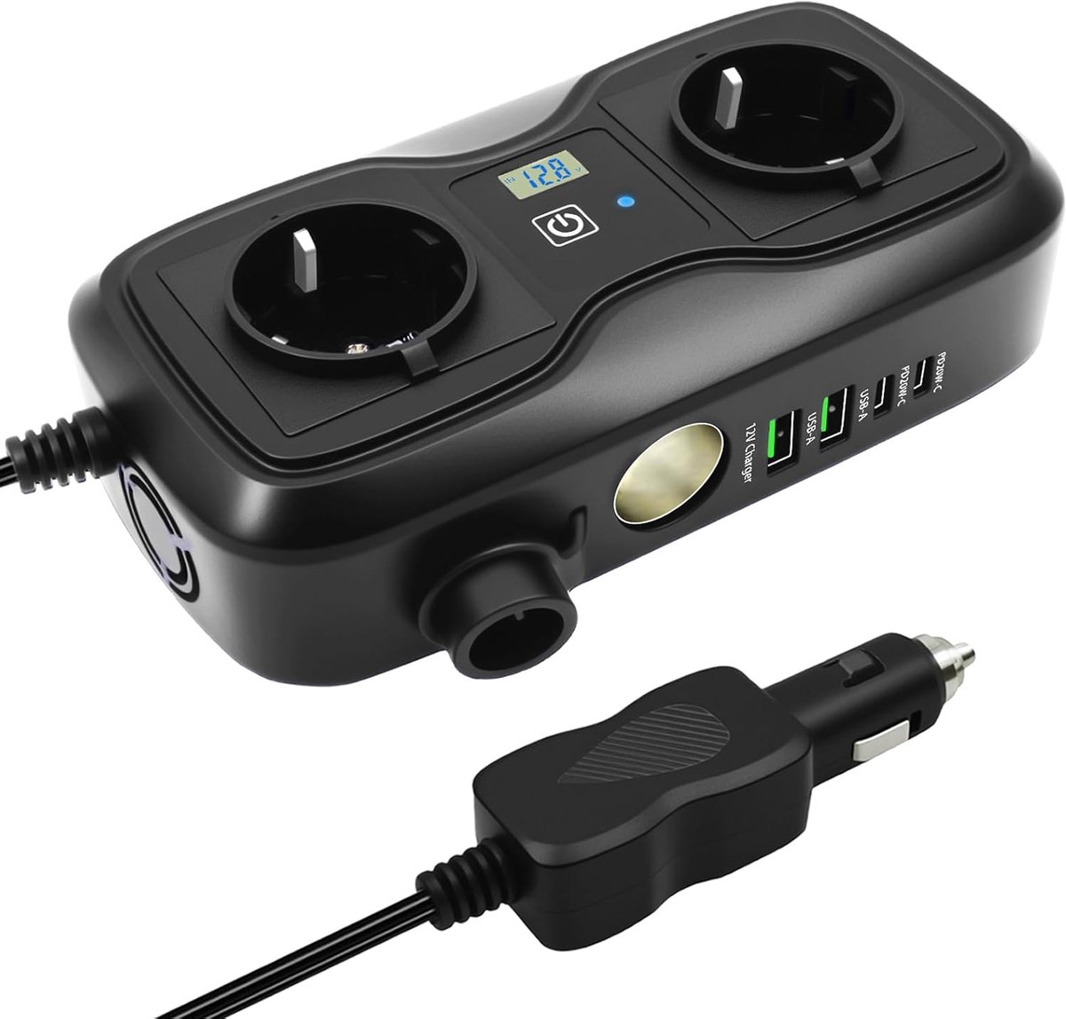 SnelShoppen - 7-in-1 Spanningsomvormer 200 W 12 V naar 220-230 V met Autostopcontact, 2 USB-A en 2 Type-C Poorten, Stroomomvormer voor Camping, Auto,