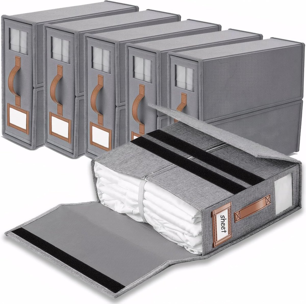 SnelShoppen - 6-Pack Kleding Organizer - Premium Linnen Opbergdoos voor King Size Bedtextiel, Deken, Vouwbare Kledingopberger met Venster - Grijs