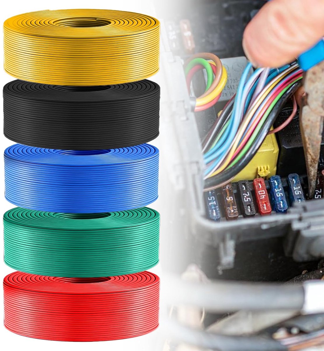 SnelShoppen - 5 rollen voertuig kabelset 1.0 mm² – hoogwaardig koperen PVC kabel voor elektrische projecten, multikleur, 5 meter per rol, ideaal voor