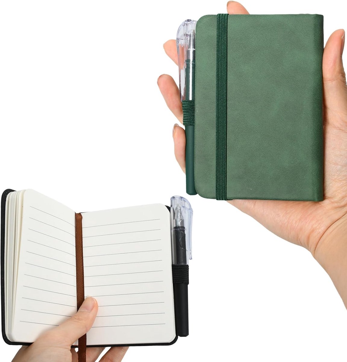 SnelShoppen - 2-Piece A7 Notitieboek Set met Mini Pennen, Portable Notitieboekjes in Groen en Zwart, Ideaal voor School, Werk en Op Reis