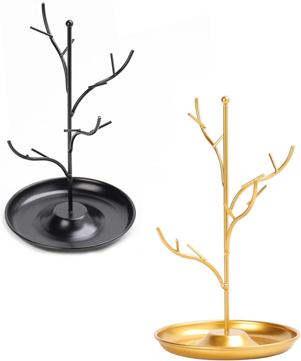 Sieraden Display Stand - Juweliersboom Houder - Sieraden Opbergen - Met Lade - 14x14x24cm - Goud/Zwart