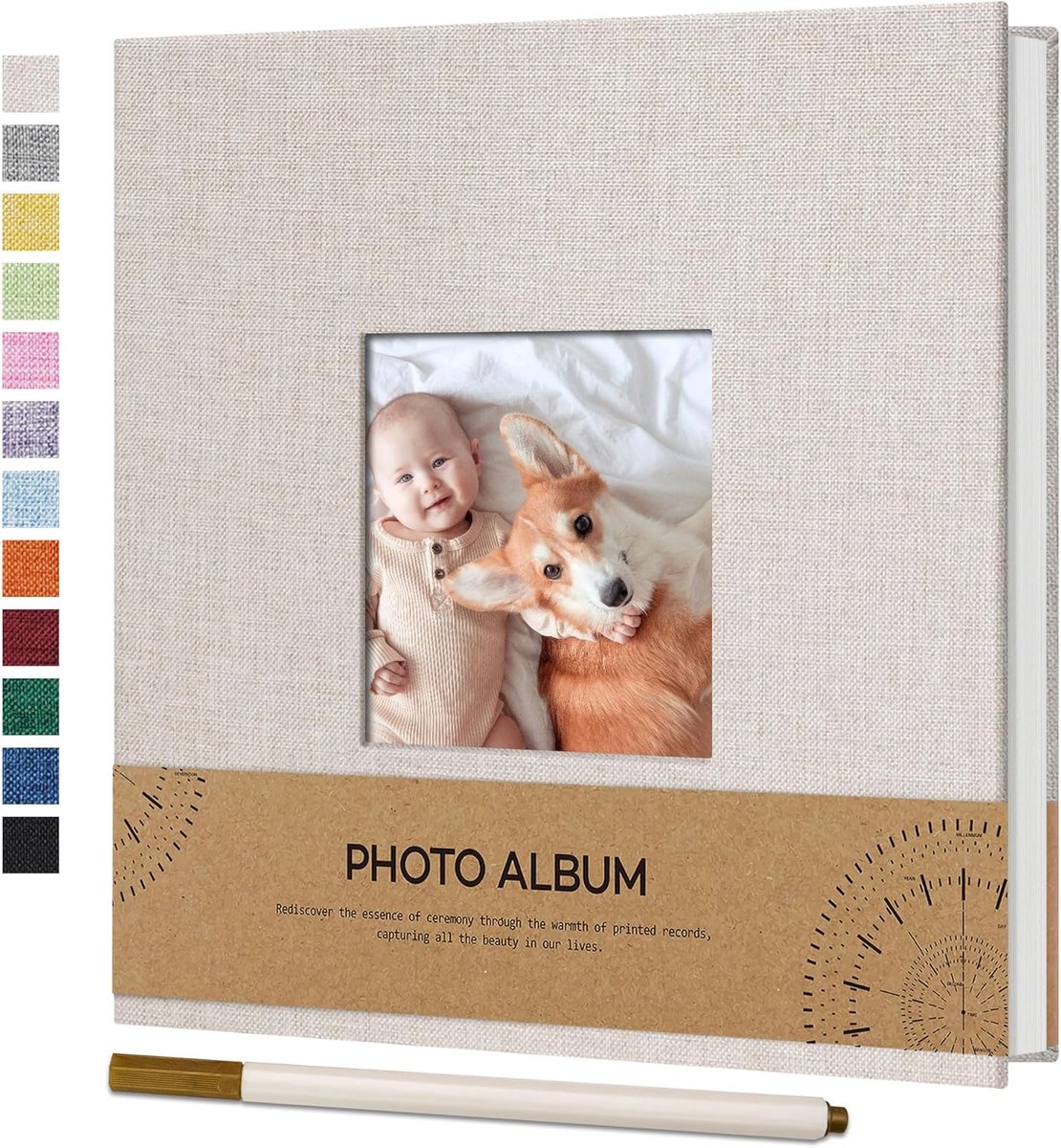 Schoolfotoboek - Fotoalbum - Beige Linnen - Zelfklevend - Unieke Fotovenster - Voor Reizen en Herinneringen