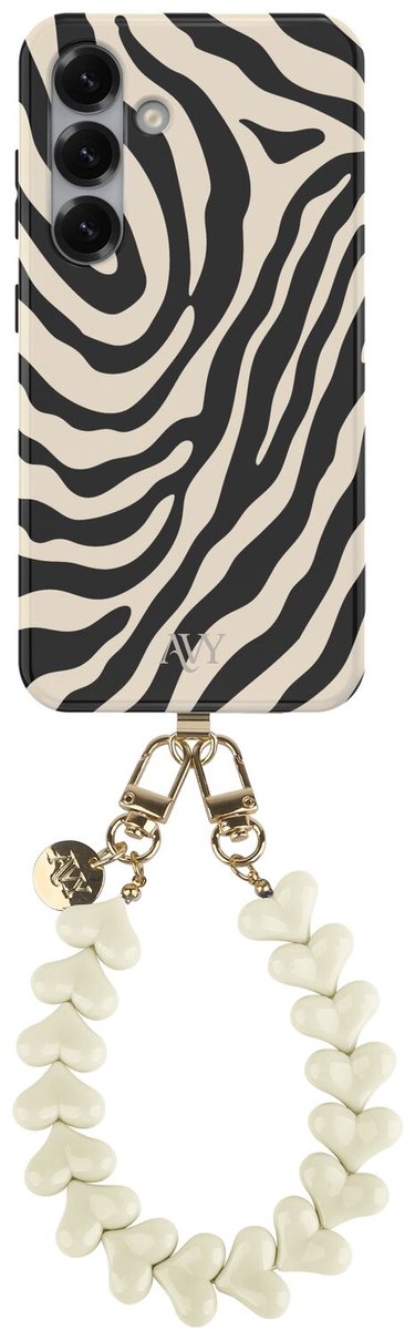 AVY Hoesje Met Telefoonkoord | Geschikt voor Samsung Galaxy S24 Plus | Compatibel met MagSafe | Hard Shell Back Cover | Stijlvol Bijpassend Koord 30CM | Safari Hearts | Zwart & Wit