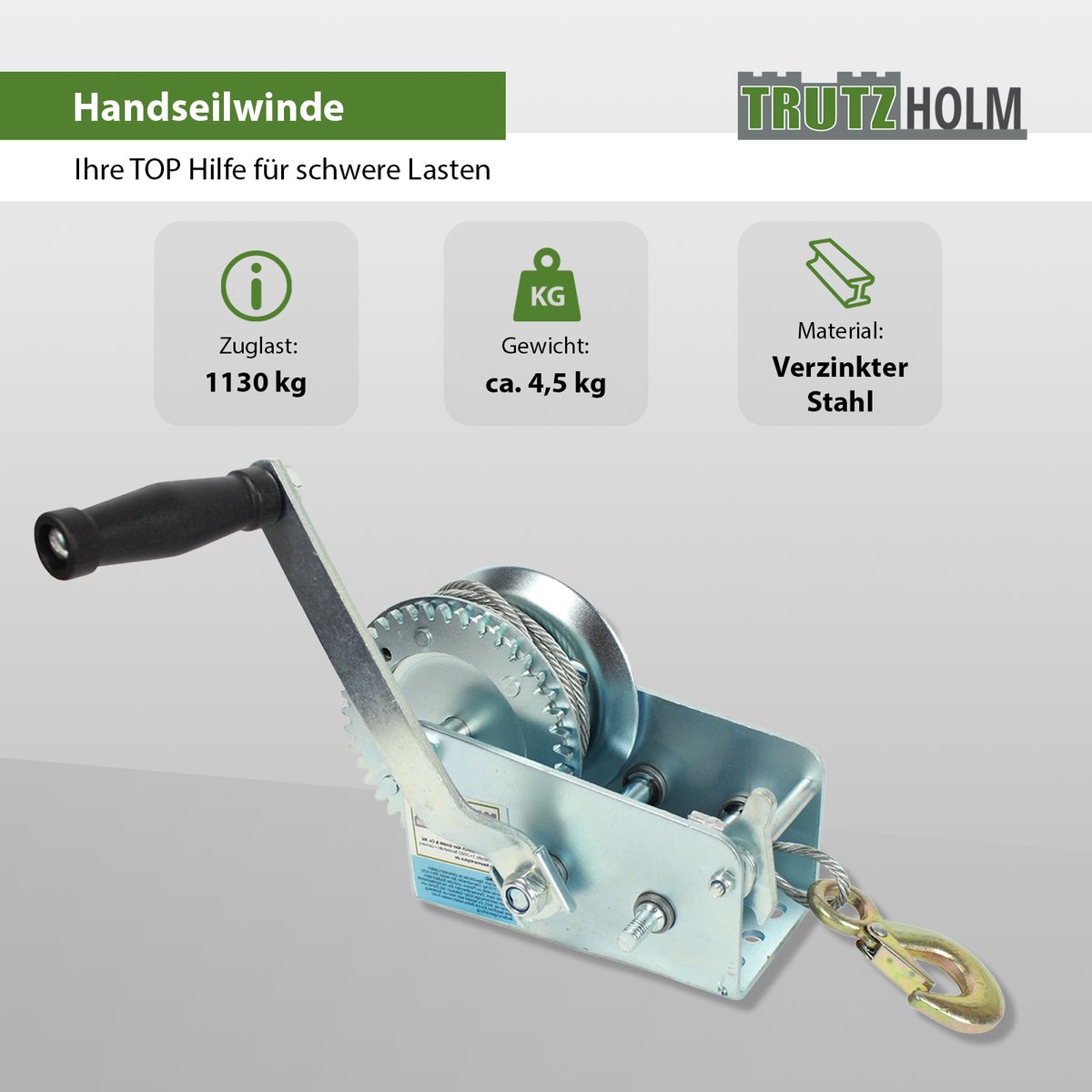 TRUTZHOLM Handmatige Kabellier 1130kg - 10m Heavy Duty Staalkabel Lier - Met Ratelfunctie Handlier Boottrailer Autotrailer
