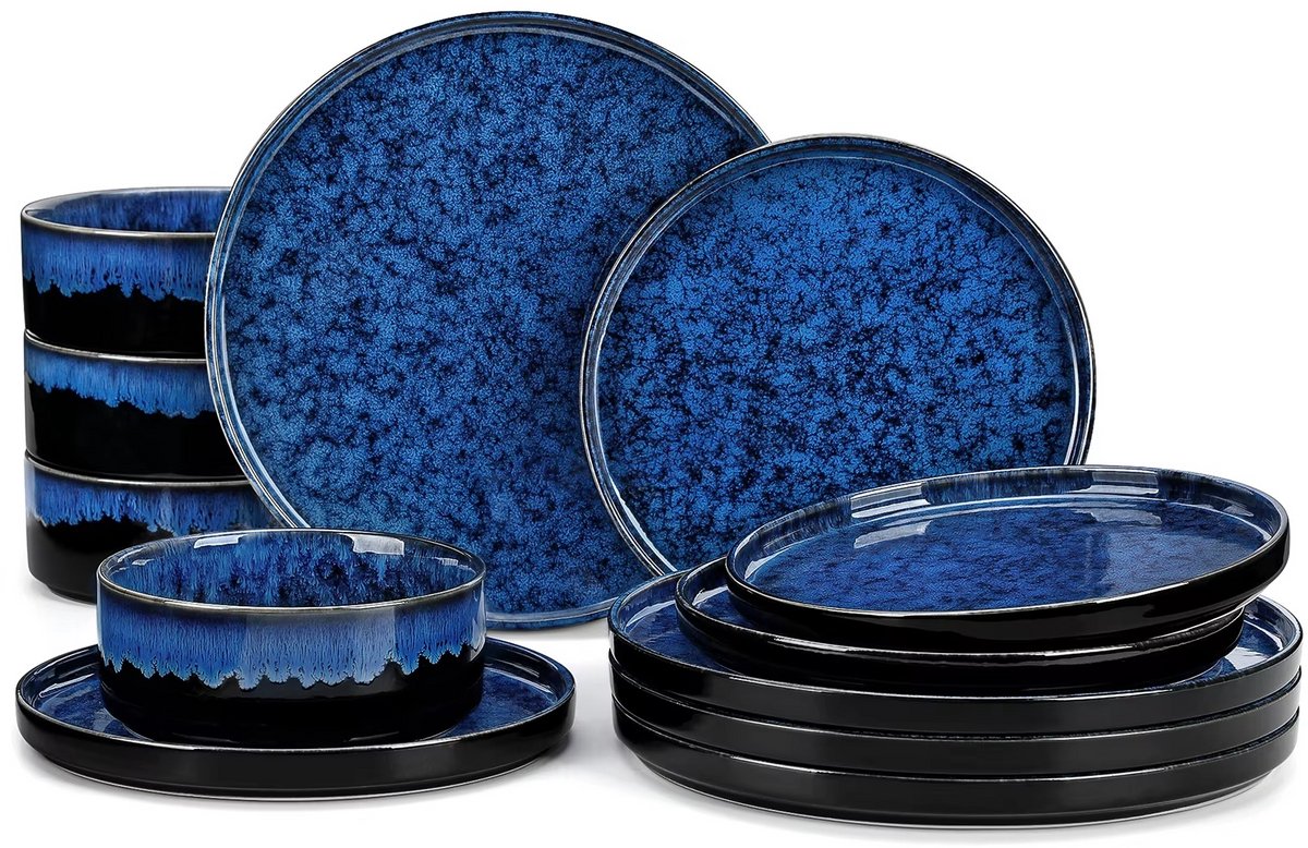 JOYNEXTBUY 12-delige Serviesset Zwart/Blauw – Reactief Glazuur – 4 Persoons Dinerset – Dinerborden, Dessertborden & Kommen – Modern Servies