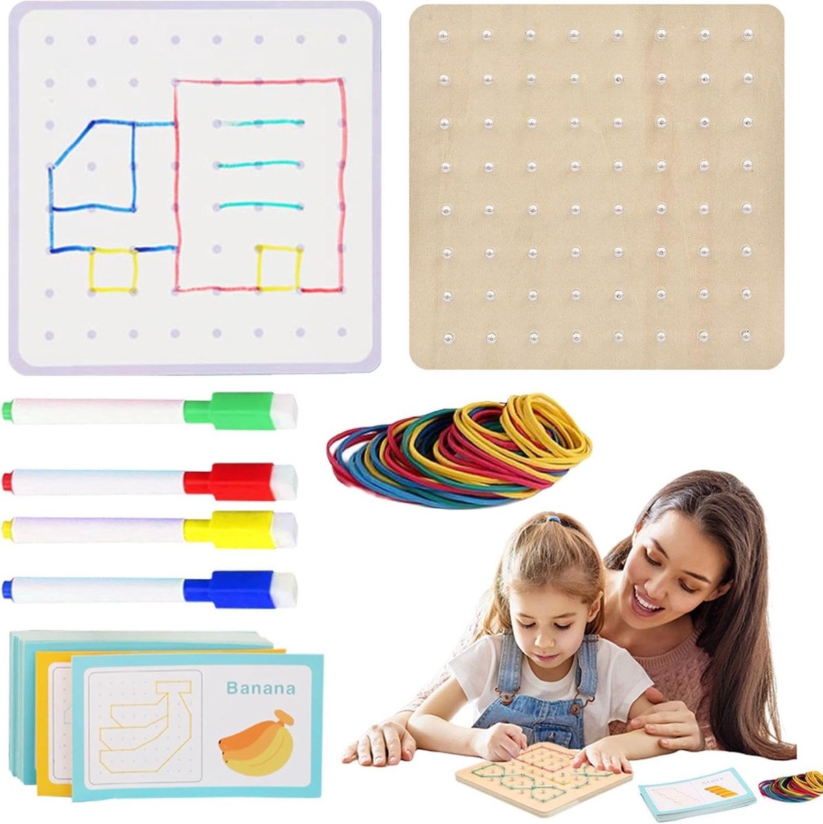 Houten Geoboard - Pegboard Educatief - Fijne motoriek oefenen - 64 Ronde Spijkers - 16.5 x 16.2 x 4.3 cm
