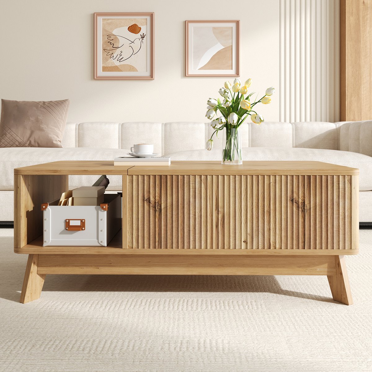 MODENUIT Salontafel - Hefbaar Tafelblad Met Opbergruimte - Voor Woonkamer En Werken - MDF Naturel - 95x48x50 Cm