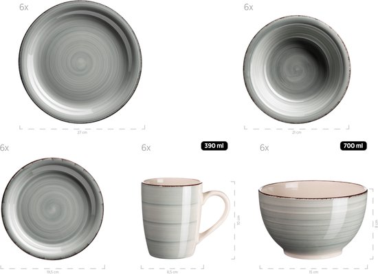 Set van grijze keramische borden (27cm, 19.5cm), kommen (21cm, 700ml) en mokken (390ml), met spiraalpatroon.
