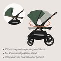 Groene kinderwagen met verstelbare zitting en kap, 55 cm rugleuning.