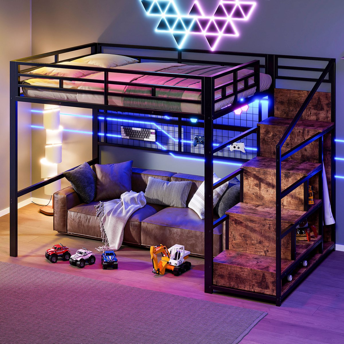 COVREO Hoogslaper 140 x 200 cm - met opbergtrap, hangrooster, LED-verlichting, zwart