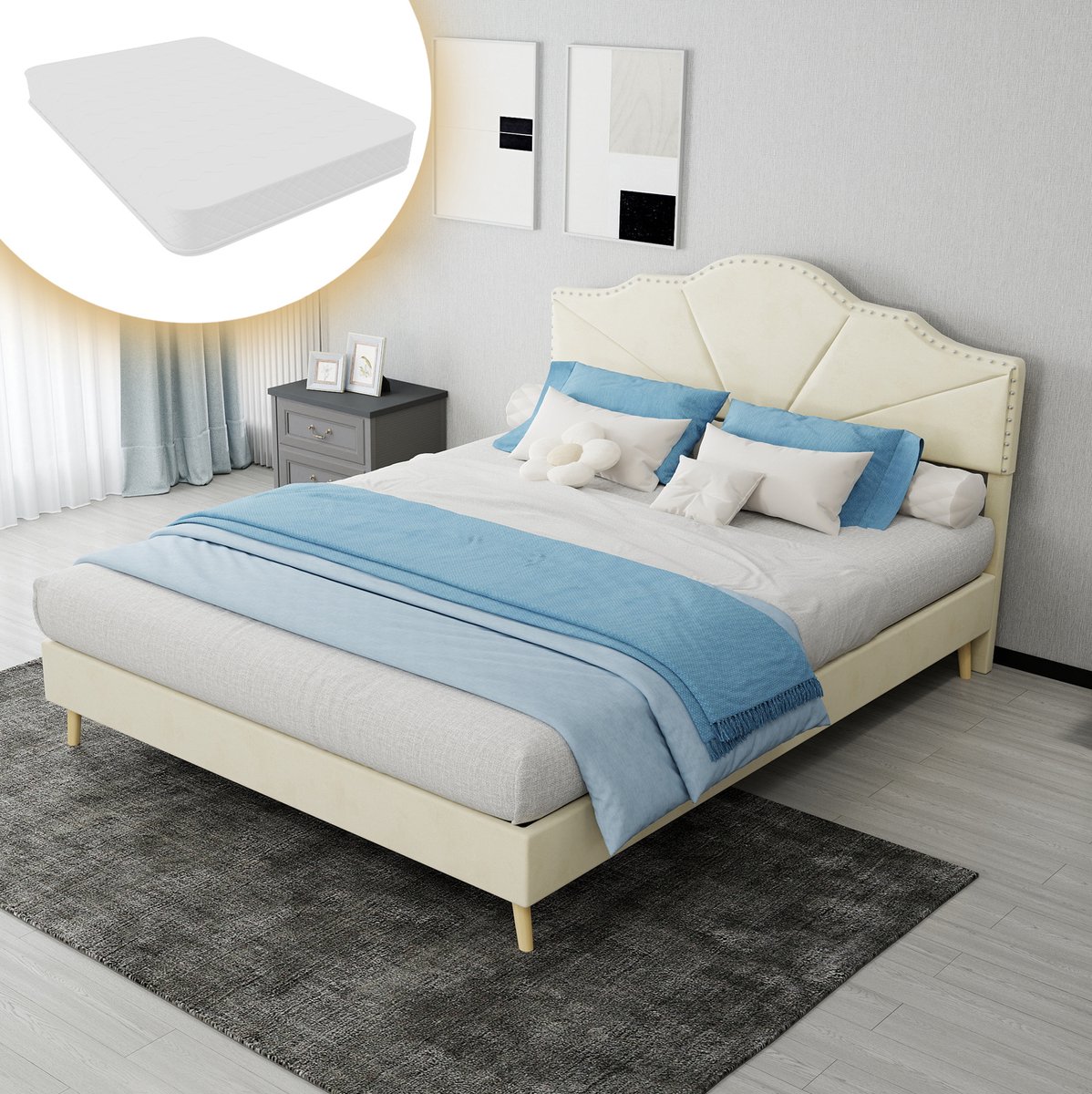 COVREO Bed 140x200 cm beige stof, soft headboard en matras inbegrepen