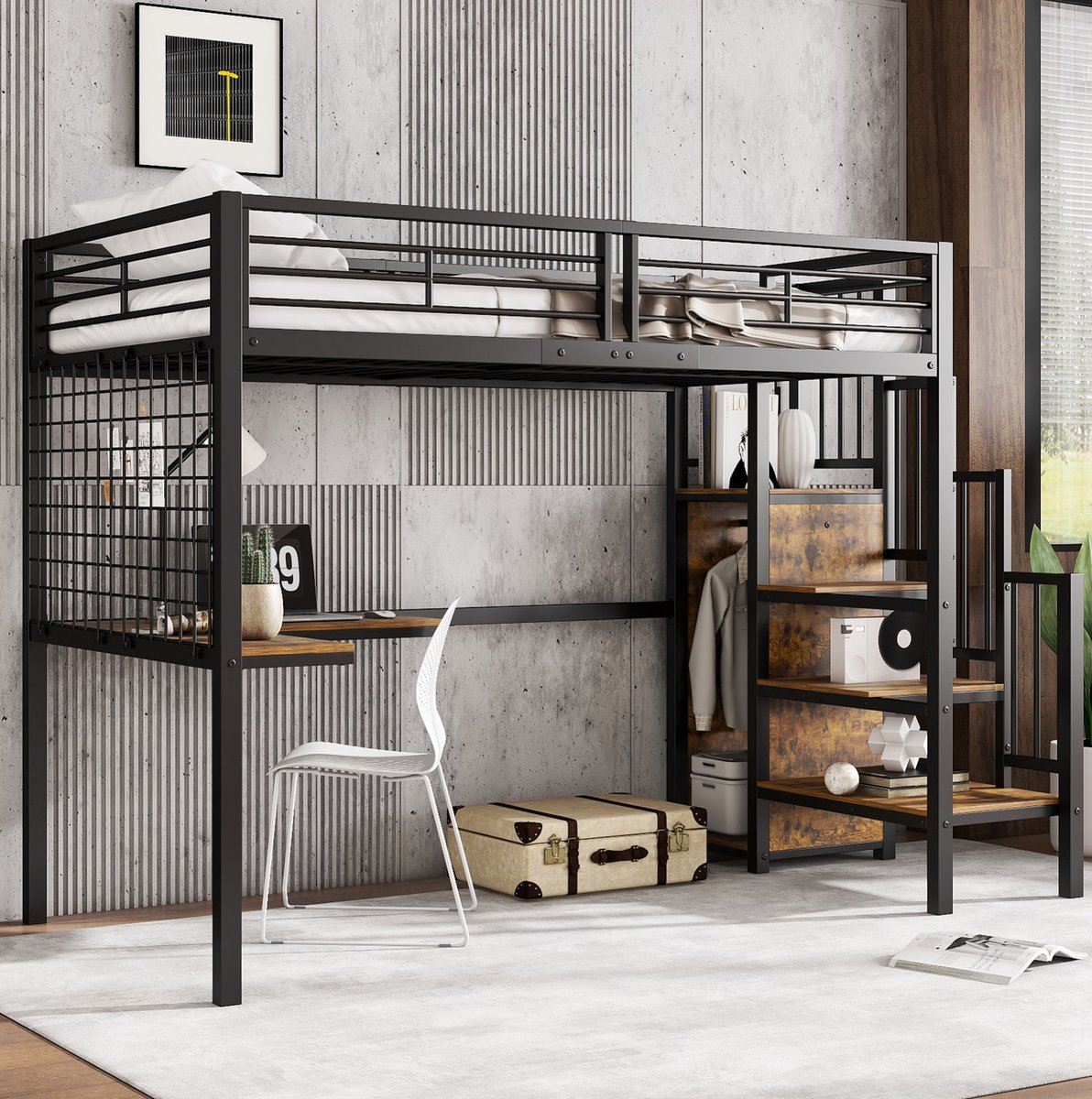Smeedijzeren bed, stapelbed, hoogslaper, geschikt voor kinderen en tieners, met tafel en kledingkast, zijladder met leuning, smeedijzer + spaanplaat, zwart + donker houtnerf, 90x200 cm