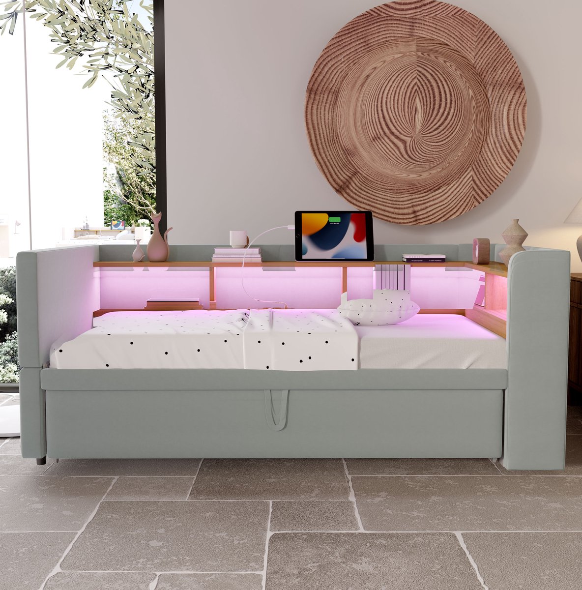 COVREO Bed 90x190 cm lichtgrijs met opbergruimte zonder matras
