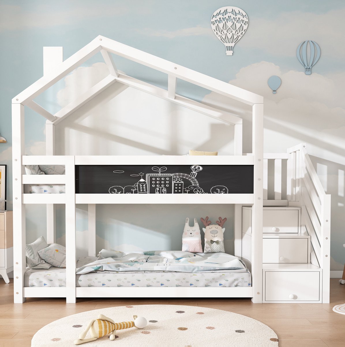 Kinderbed in boomhutstijl, 90 x 200 cm, met schoorsteen, opbergruimte en valbeveiliging, wit, inclusief bedbodem – 2-latten bedframe (matras niet inbegrepen).
