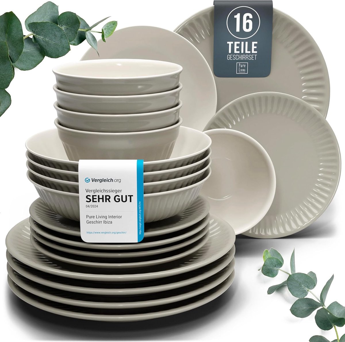 Pure Living Hellbraun serviesset voor 4 personen – 16-delig – aardewerk – scandinavisch design – vaatwasserbestendig