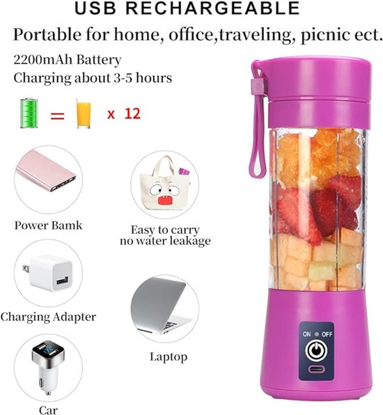 Elektrische Smoothie Maker - USB Blender - Draagbare Mini Mixer - Sapcentrifuge - Shakes en Smoothies - 380 ml - 6 RVS Mesjes - Paars — afbeelding 2