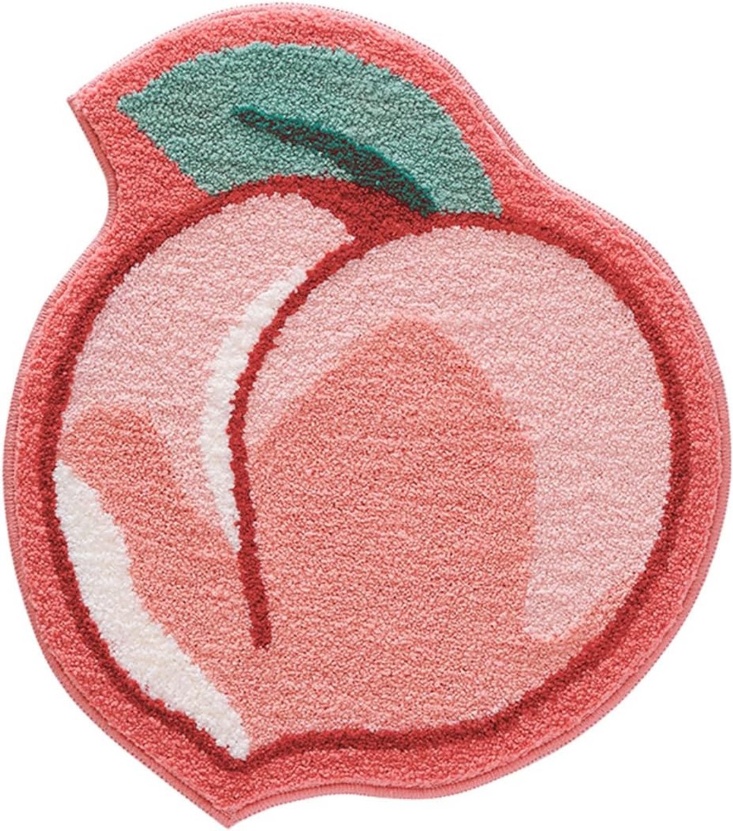 Deze schattige badmat met fruitmotief is absorberend, heel zacht en Geschikt voor kinderkamers, badkamers of andere ruimtes. Hij meet 60x90 cm en is perzikkleurig.