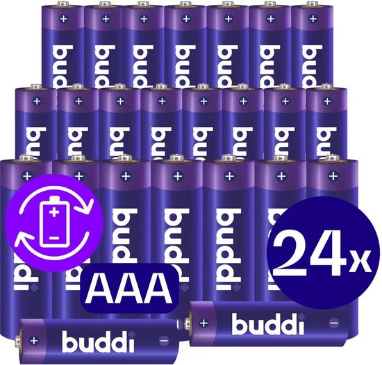 24 AAA Buddi oplaadbare batterijen in paars met witte tekst en een icoon van een opladende batterij.