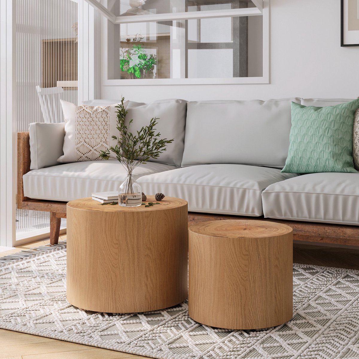 OKWISH Salontafel Set Van 2 - Rond Nestbaar Ontwerp - Voor Woonkamer En Balkon - Massief Hout En MDF - Naturel Naturel Hout