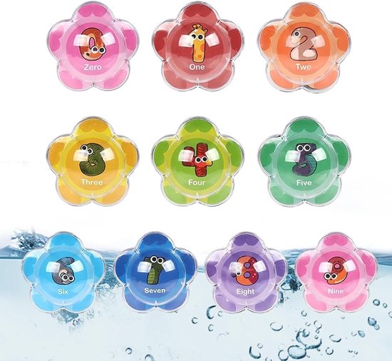 Jouets de bain flottants en forme de fleur avec les chiffres zéro à neuf.