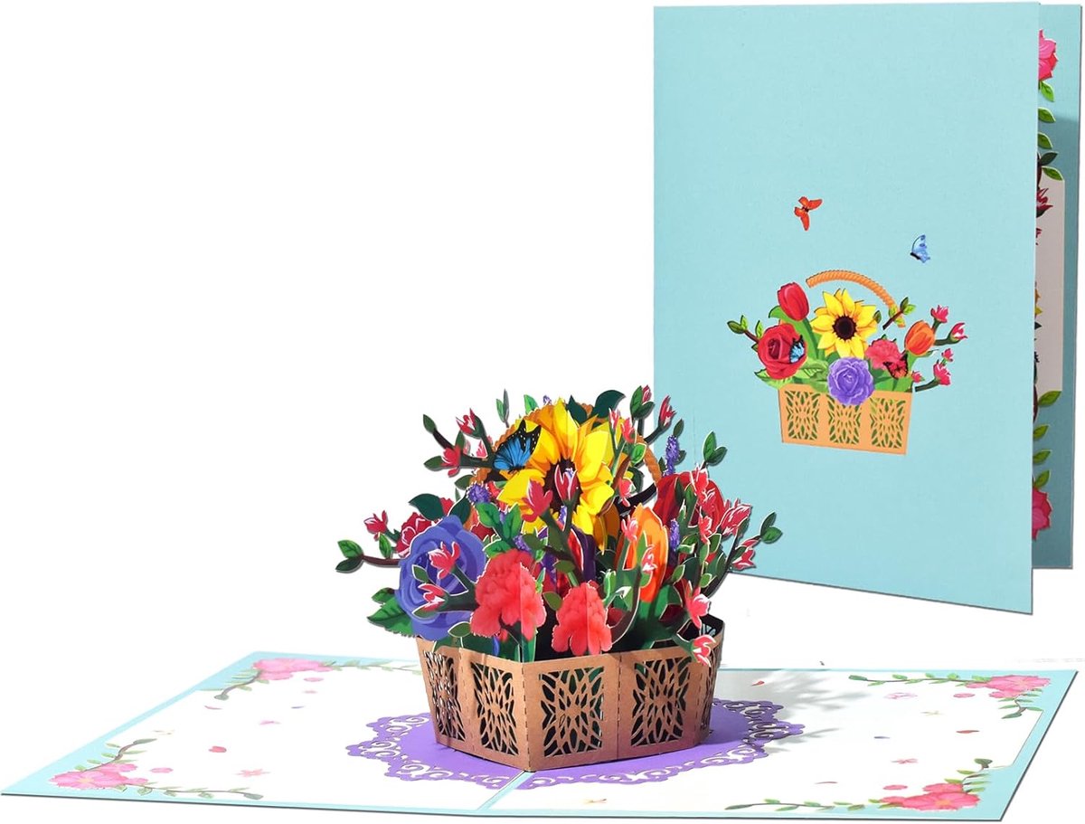 Pop-up Bloemenmand Kaart - Wenskaart Boeket - Cadeau Geven - 3D Bloemenarrangement - 15x20 cm - Roos en Iris