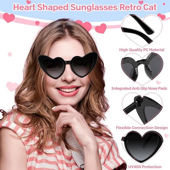 Hartjes Zonnebril - Hartjes Bril - 6 Pack - Kunststof- Feestbrillen - Retro cat-eye bril - Zonnebril Party Accessoires - Unisex - Feestelijke benodigdheden - De ideale keuze voor bruiloften, feestdagen en themafeesten - Zwart — afbeelding 5